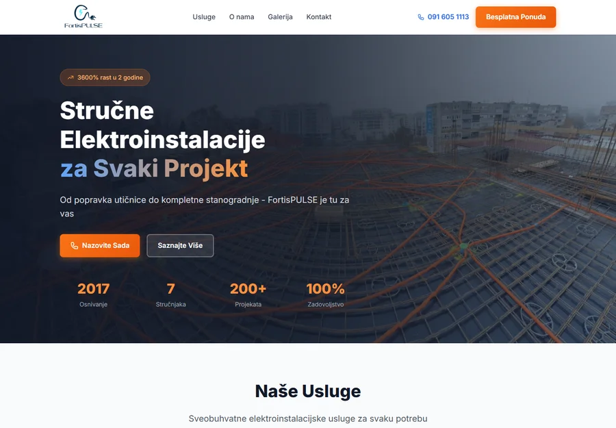 Web stranica tvrtke FortisPULSE za elektroinstalacije iz Zagreba